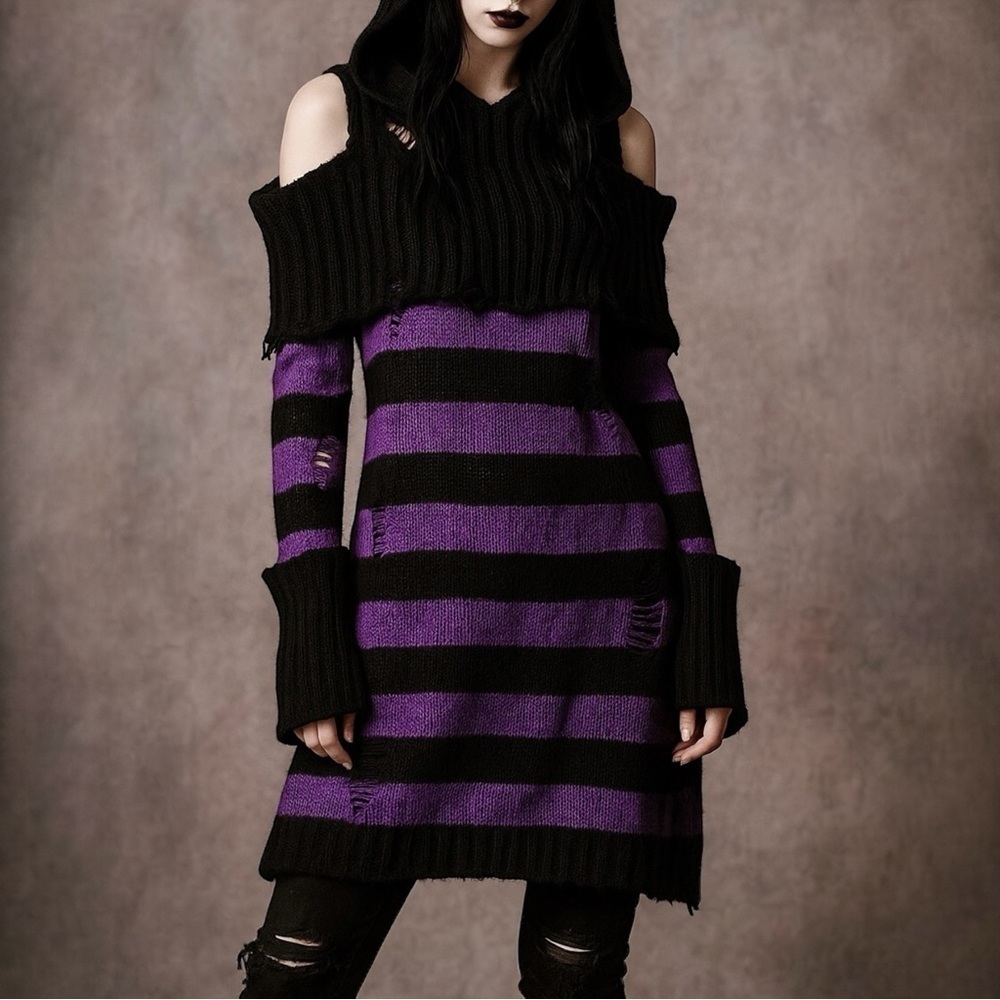 KILLSTAR Salvia Hooded Long Stripe Knit Distressed Sweater‎